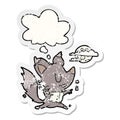 A creative cartoon werewolf changing in moonlight and thought bubble as a distressed worn sticker