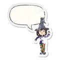 A creative cartoon witch and speech bubble distressed sticker Royalty Free Stock Photo