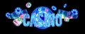 Creative casino background, inscription casino in Neon letters playing cards roulette on a dark background. Flyer. Gambling