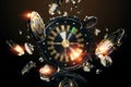 Creative casino template, background design with black gold playing chips and roulette. The concept of roulette, gambling,