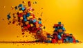 Creative Chaos - Building Blocks Exploding on Yellow Background Royalty Free Stock Photo