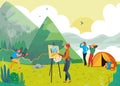 Creative character people together draw, photography nature outdoor landscape, backpack travel hike flat vector