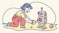 Creative Child Assembles a Robot, Learning and Playing Together, vector design Generative AI Royalty Free Stock Photo