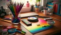 Creative child at a colorful desk working with pencils ,generative AI