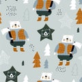 Creative childish pattern with bear forester. Seamless vector woodland texture. Great for fabric, wallpaper, textile