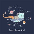 Creative childish pattern with cute cat, planets and slogan. Vector patch for for fashion apparels, t shirt and printed design. Royalty Free Stock Photo