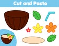 Creative children educational game. Paper cut activity. Make a coconut tropic cocktail with glue and scissors