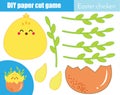 Creative children educational game. Paper cut activity. Make a cute Easter chicken with glue and scissors