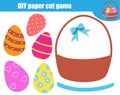 Creative children educational game. Paper cut activity. Make Easter basket eggs with glue and scissors