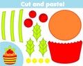 Creative children educational game. Paper cut activity. Make a New Year, Christmas cupcake with glue and scissors