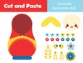 Creative children educational game. Paper cut activity. Make a russian matreshka doll with glue and scissors