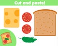 Creative children educational game. Paper cut activity. Make a sanwich with glue and scissors