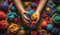 Creative children playing with colorful homemade toys on messy table generated by AI