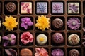 Creative chocolate candy assortment with floral design. Generative AI