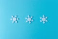 Creative Christmas composition made of snowflakes decoration on blue background. Minimal Christmas or New Year concept Royalty Free Stock Photo