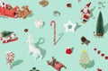 Creative Christmas concept made of red cap, lollipops, reindeer, sleds, cones, berry, cakes on a pastel green background. Pattern
