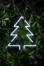Creative Christmas layout made of leaves and branches with Christmas tree neon. Minimal Christmas or New Year concept. Flat lay