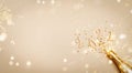 Creative Christmas and New Year greeting card with golden champagne bottle, confetti stars and 2021 numbers. Flat lay. Banner. Royalty Free Stock Photo