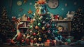 A creative Christmas tree decorated with a large dragon head is a symbol of the New Year 2024 in a room with gift boxes.