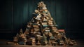 An creative Christmas tree made of books stands on dark background Royalty Free Stock Photo