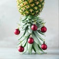 Creative Christmas tree made of pineapple and red bauble on grey concrete background, copy space. Greeting card, decoration for Royalty Free Stock Photo