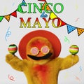 Creative Cinco de Mayo advertising. Happy colorful furry Yeti Mexican sombrero hat mustache traditional maracas dancing