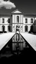Black and white photo of amazing architectural building view with beautiful back view of model lady. generative ai