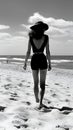 Black and white photo of amazing beach landscape view with beautiful back view of model lady. generative ai