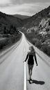 Black and white photo of amazing winding long road desert landscape view with beautiful view of model lady. generative ai