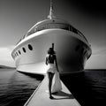 Black and white photo of amazing yacht boat dock landscape view with beautiful back view of model lady. generative ai