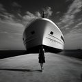 Black and white photo of amazing yacht boat dock landscape view with beautiful back view of model lady. generative ai
