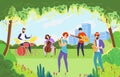 Creative city green outdoor garden park musical performance, young character artist play classic jazz music flat vector