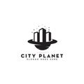 Creative city planet logo design, silhouette skyscrapers and planet space, business real estate dream house building vector