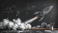 Creative classroom chalkboard illustration of rocket launch with cloud and starry sky symbolizing innovation Royalty Free Stock Photo