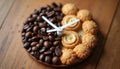Creative clock made from coffee beans, pastries on rustic wood table. Coffee beans form one side, assorted round cookies. White Royalty Free Stock Photo