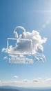 Cloud gaming concept with computer, headset, keyboard, mouse, and controller formed from fluffy clouds against blue sky Royalty Free Stock Photo