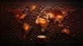 Cup of milk coffee with ground beans shows the world map texture on isolated brown background. AI generated.