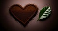 A creative coffee-themed image showcasing a heart shape made of coffee grounds next to a vibrant green coffee leaf on a brown Royalty Free Stock Photo