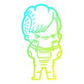 A creative cold gradient line drawing cartoon annoyed hipster girl wearing space suit