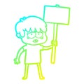 A creative cold gradient line drawing cartoon exhausted boy with placard