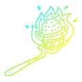 A creative cold gradient line drawing cartoon flaming burger on spatula