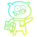 A creative cold gradient line drawing cheerful pig with christmas gift