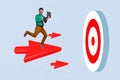 Creative collage abstract image of mini successful guy use netbook flying arrow darts board target isolated on drawing