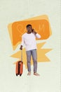Creative collage advert communicate young guy call his friends another country hold luggage airport speech isolated over