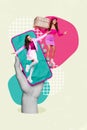 Creative collage advertisement of young girl courier app food delivery phone screen order italian pizza boxes isolated