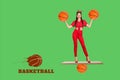 Creative collage artwork picture of young sportive woman holding basketball balls standing balance training isolated on