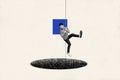 Creative collage artwork poster image of young man hanging on rope looking down panic watching deep hole isolated on Royalty Free Stock Photo