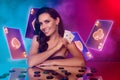 Creative collage banner gorgeous young lady hold two cards sit poker table tokens chips neon blackjack gambling casino Royalty Free Stock Photo