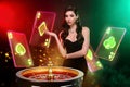 Creative collage banner photo charming young lady stand over roulette table casino game win jackpot cards blackjack Royalty Free Stock Photo