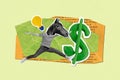 Creative collage of black white effect mini guy horse head jump huge dollar money symbol light bulb book page piece